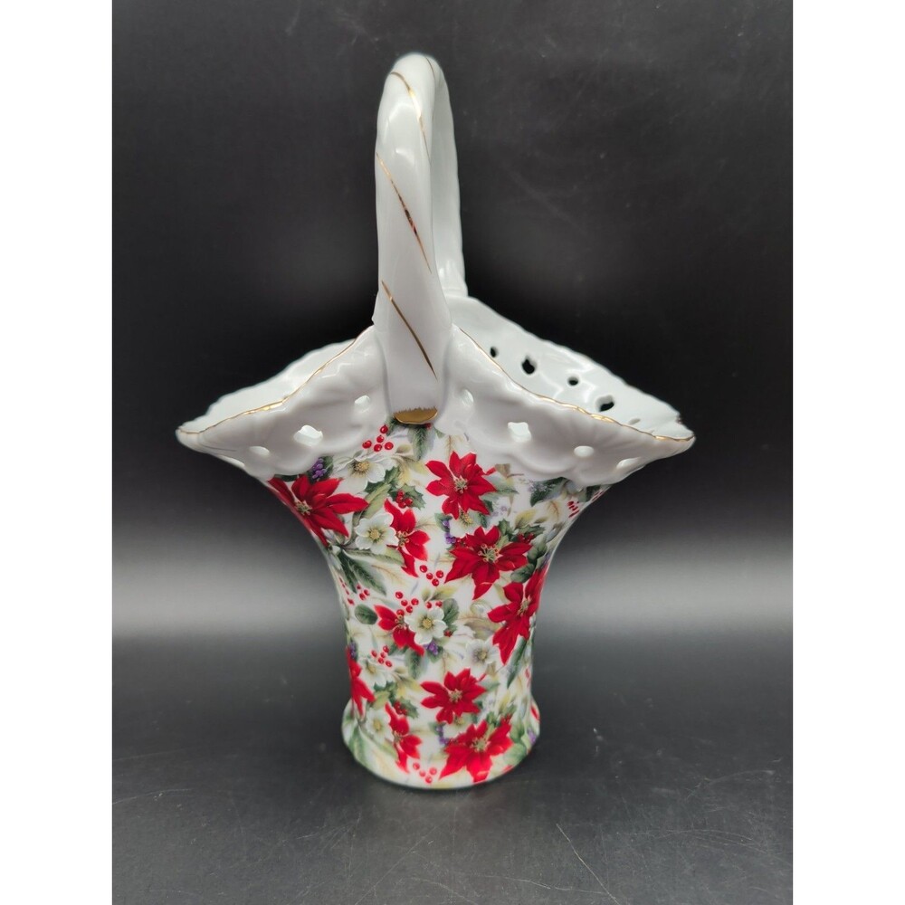 Formalities By Baum Bros Poinsettia Chintz Porcelain Basket Vase